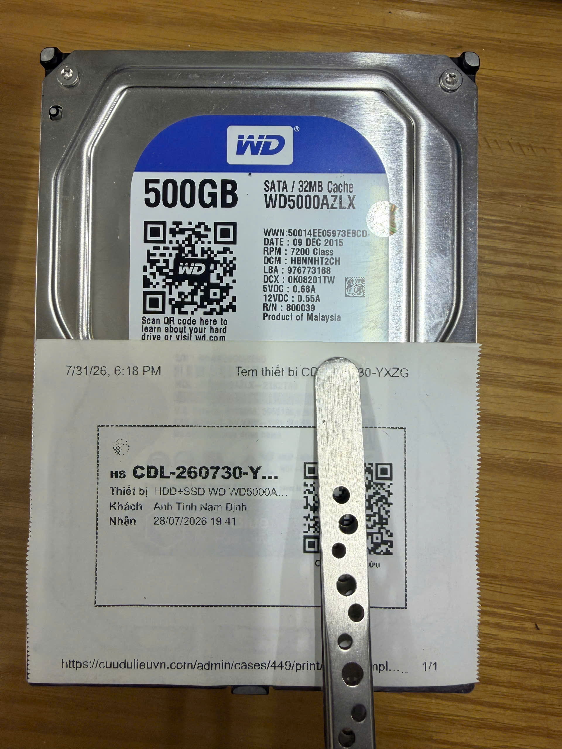 Ca cứu dữ liệu HDD WD5000AZLX 500GB Bad không view được cấu trúc ổ, phân vùng cho anh em thợ Nam Định